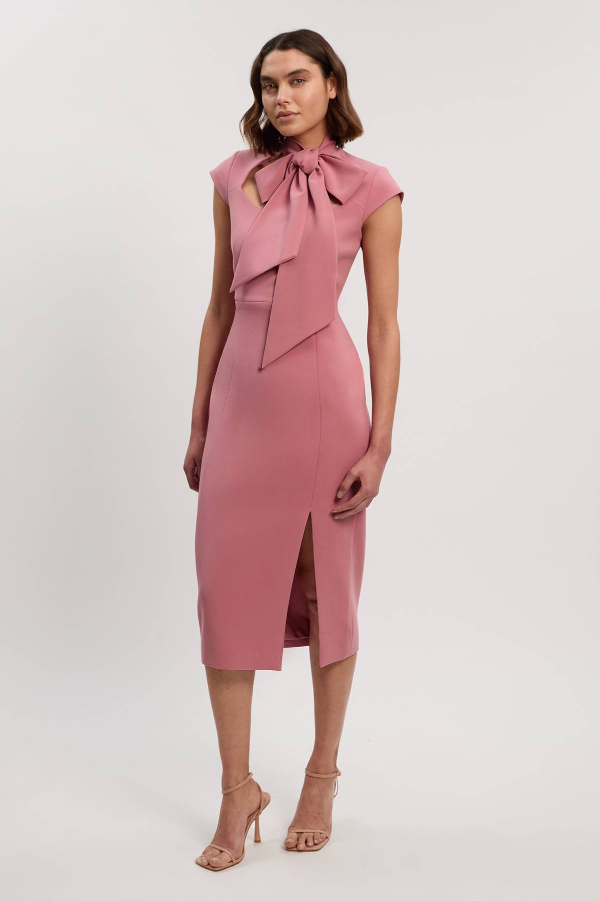 KarenMillen Robe Crayon Mi-Longue Ajustée à Col Nœud Papillon en Stretch Compact Petite Taille