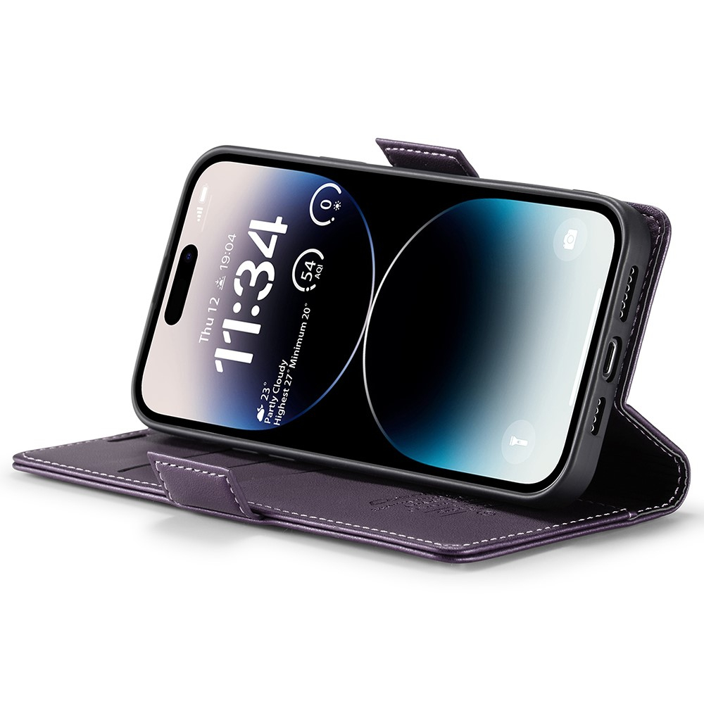 iPhone 15 Pro Leder Tasche Flip Wallet Etui mit Kartenfächern Litchi Look (RFID Schutz) - Violett