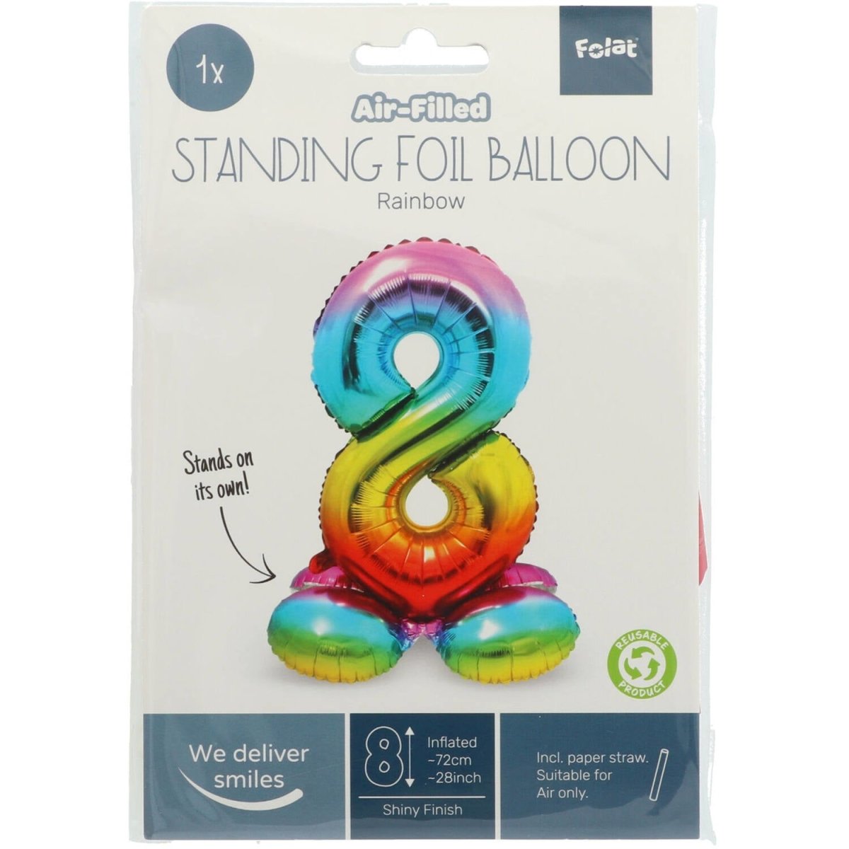 Folie Ballon Cijfer 8 Regenboog met standaard 72cm
