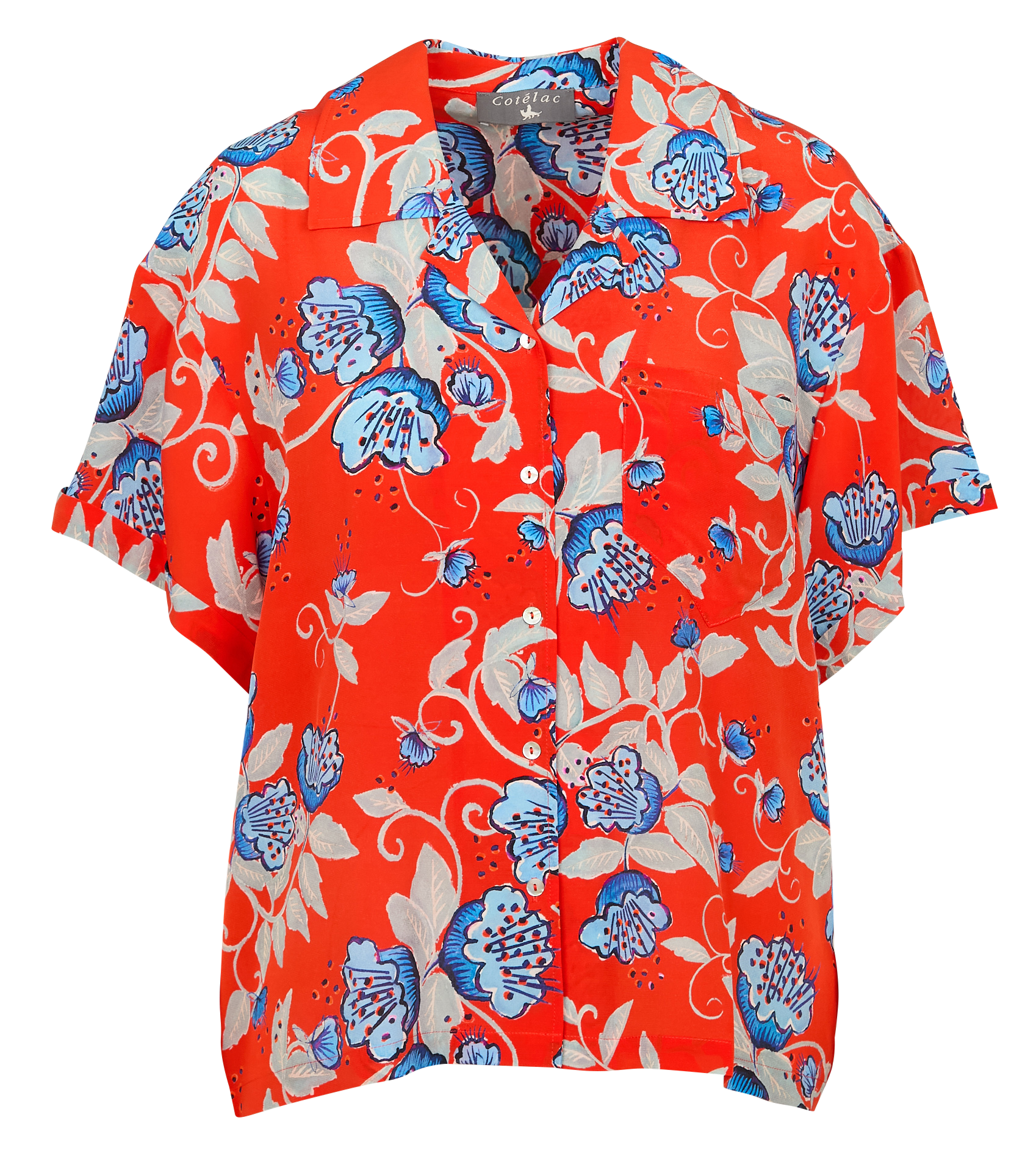 Chemise col à revers droite en soie imprimé | Rouge