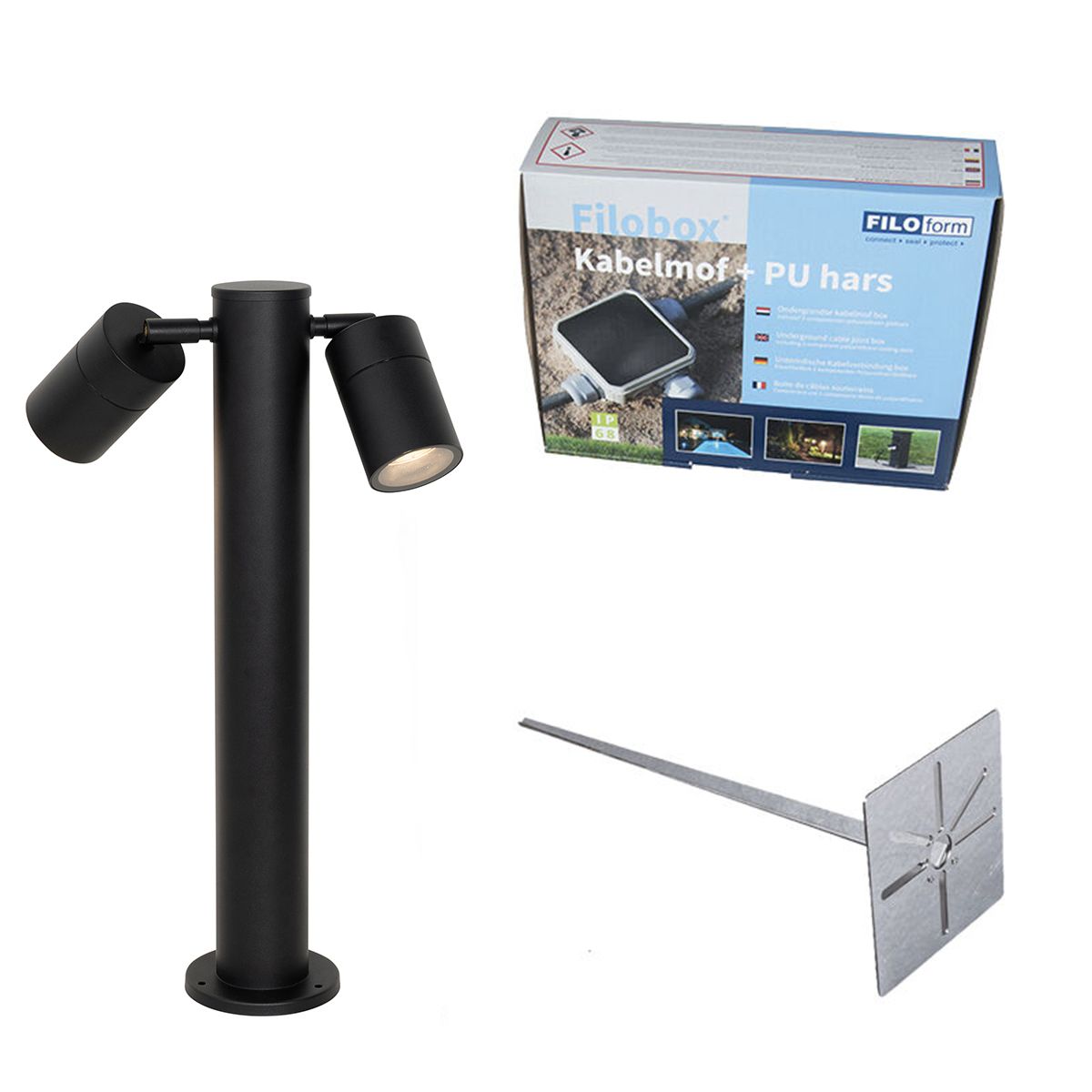 Buitenlamp zwart met grondpin en kabelmof 45cm 2-lichts IP44 - Duo