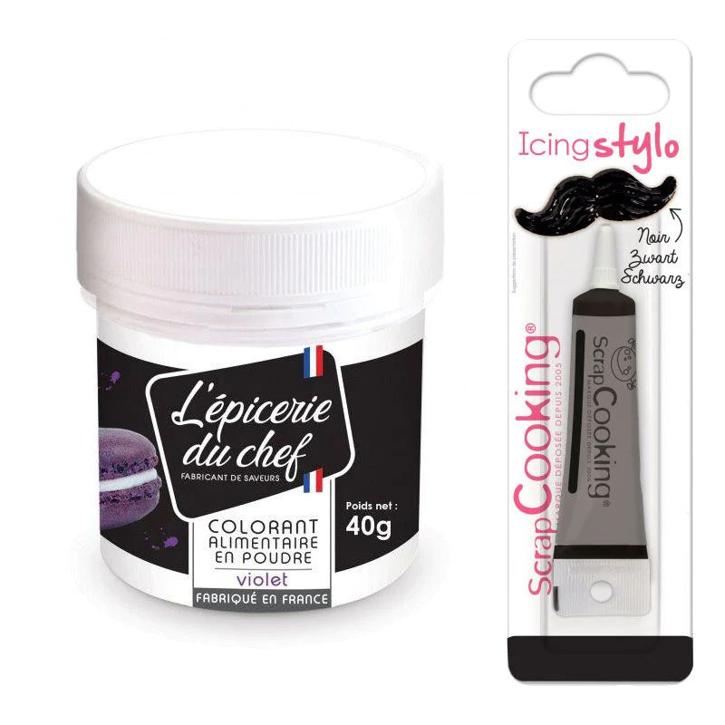 Colorant alimentaire en poudre violet 40 g + Stylo glaçage noir Scrapc