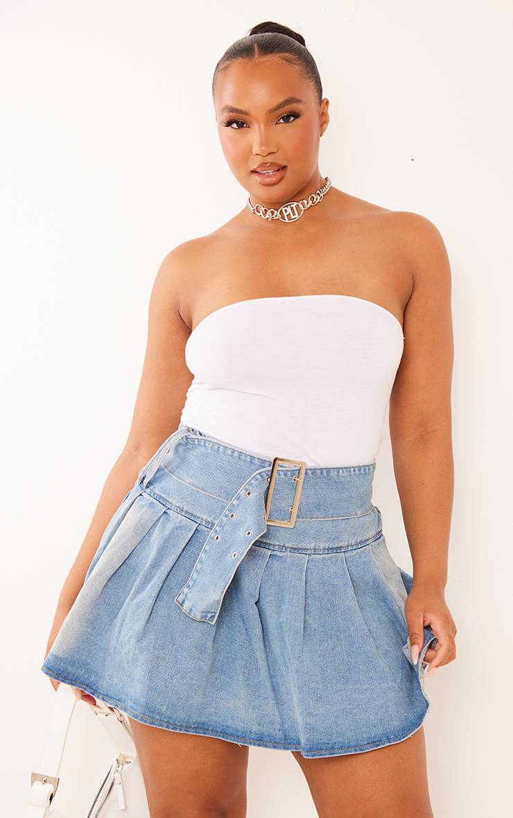Délavage Vintage Jupe Courte Plissée En Denim Avec Ceinture Grande Taille