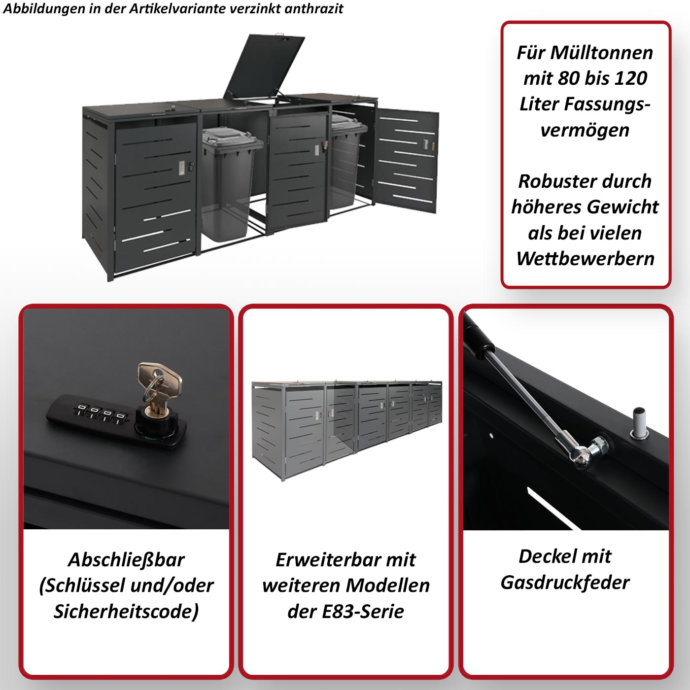 4er-Mülltonnenverkleidung MCW-E83, Mülltonnenbox Mülltonnenabdeckung, erweiterbar 117x263x80cm ~ anthrazit, Stahl 108kg