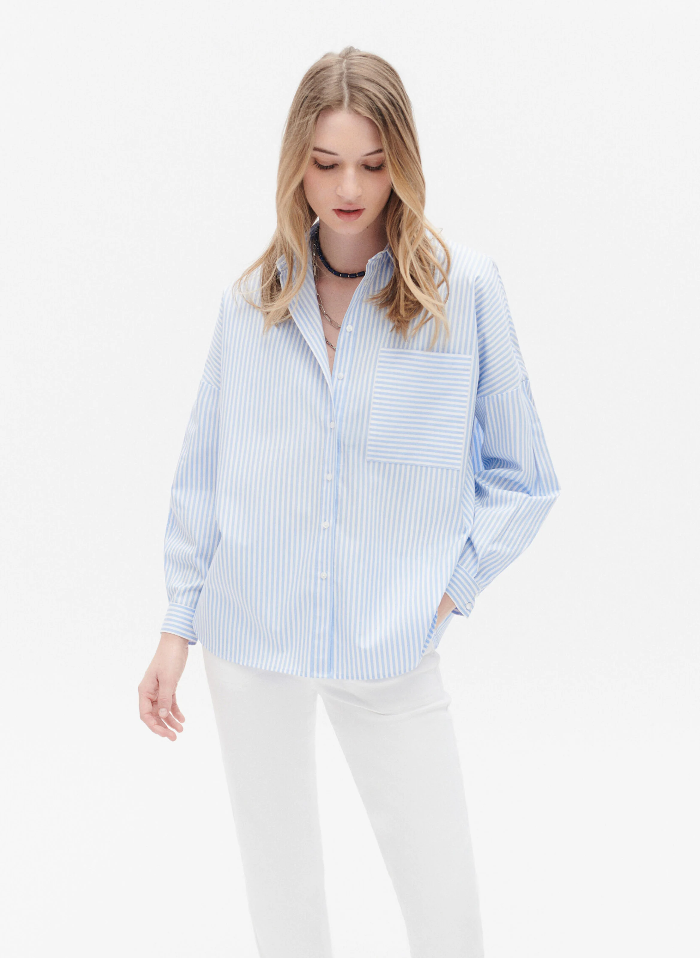 CLAUDINE - Chemise col classique rayée en coton | Bleu