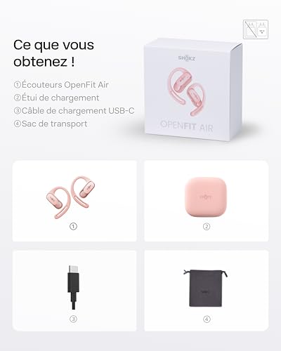 SHOKZ Écouteurs à Oreilles Libres OpenFit Air, Casque Bluetooth sans Fil avec Microphone, écouteurs avec Crochet d’oreille Air, Charge Rapide, 28 h d’autonomie, étanchéité IP54 pour Le Sport – Rose