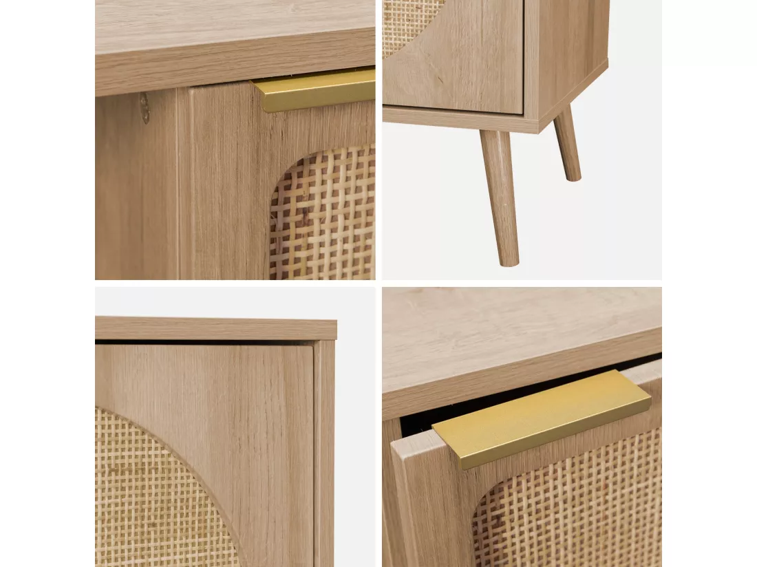 Buffet de rangement décor bois cannage arrondis. Eva. 1 portes réversible. deux niveaux. buffet bas. L80 x l39 x H65.8cm