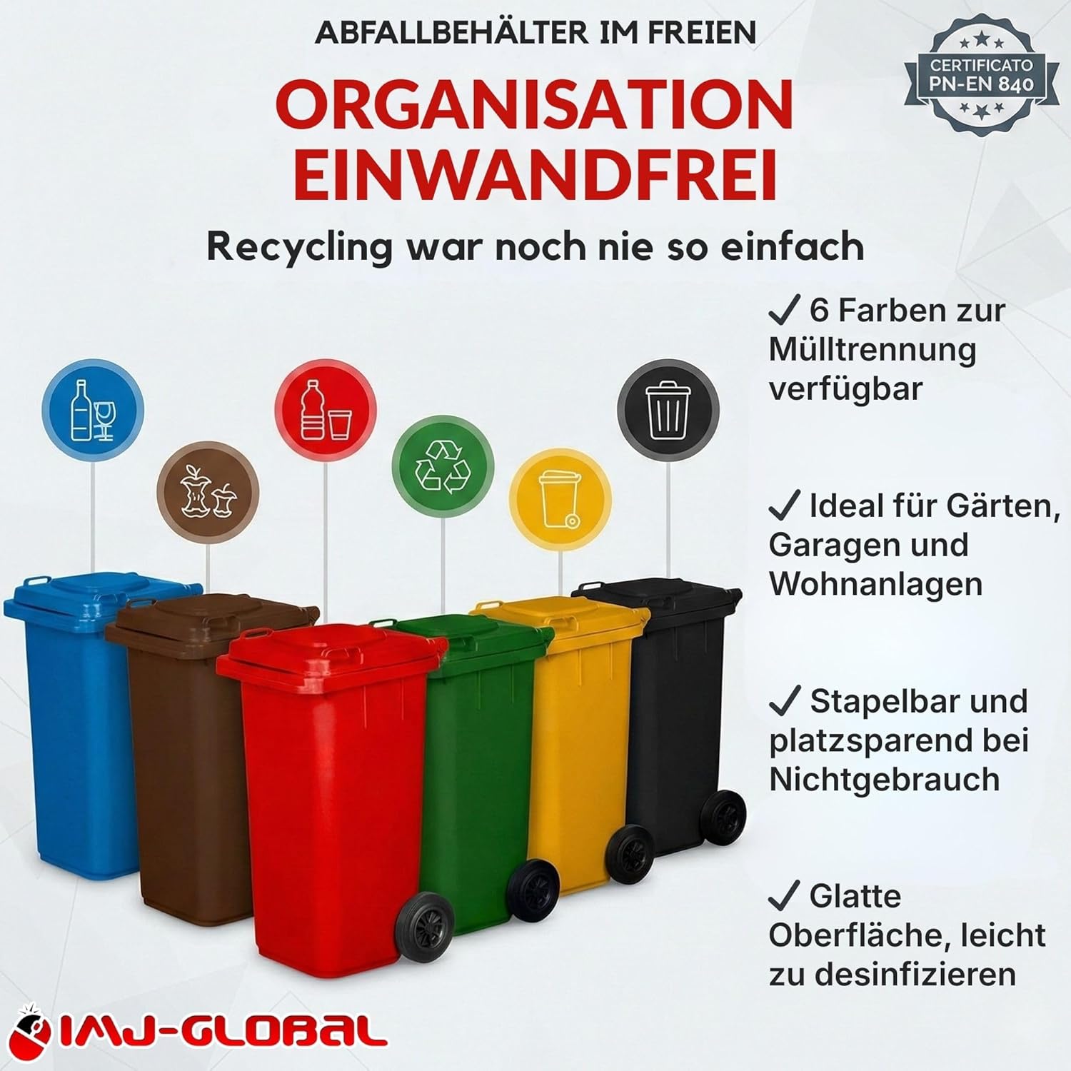 IMJ-Global - Mülleimer Groß 240 Liter mit Rädern und Mechanischem Aufnahmesystem, Mülltonne Abfalleimer mit Deckel, Container Haus PN-EN 840 für die im Außenbereich in Gewerbebetrieben (Graphit)