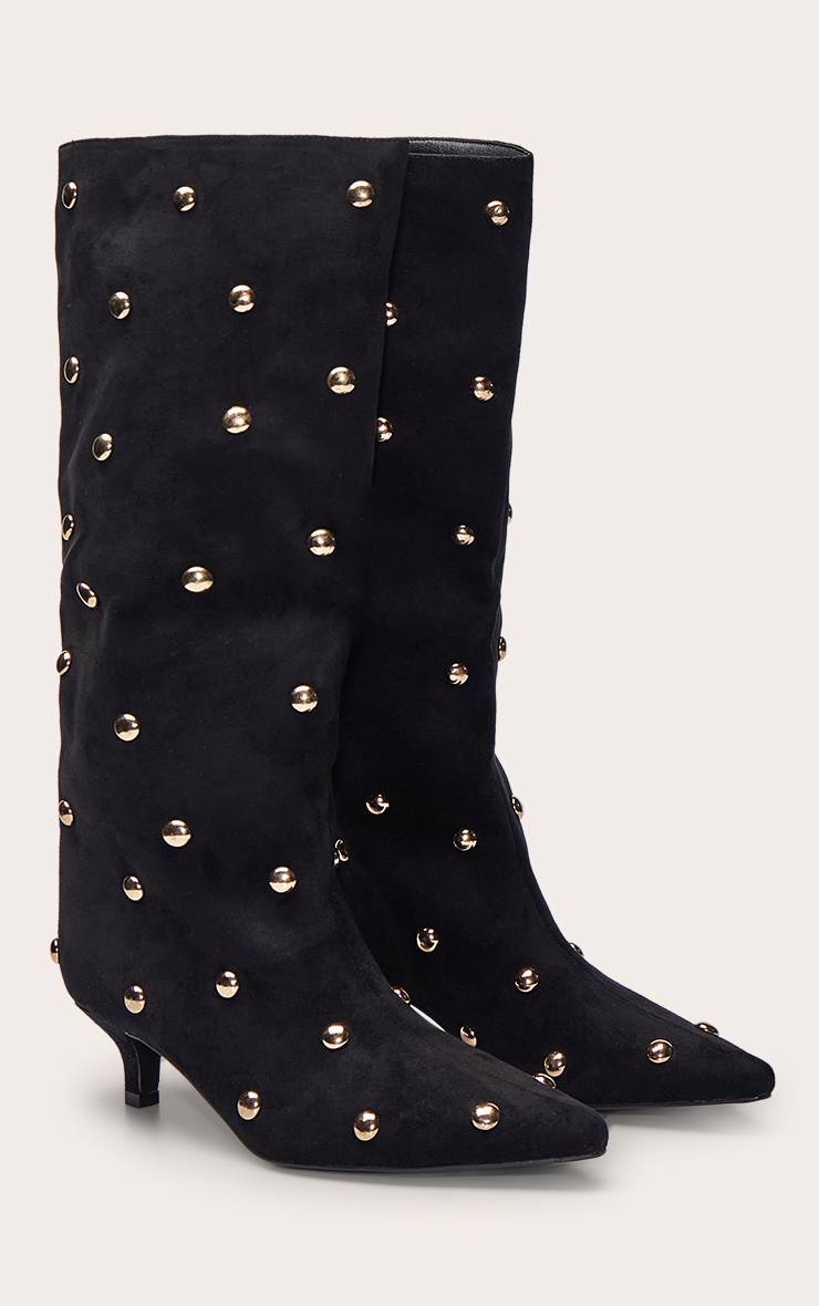 Noir Bottes À Talon Chaton En Daim Doré À Clous Bombés