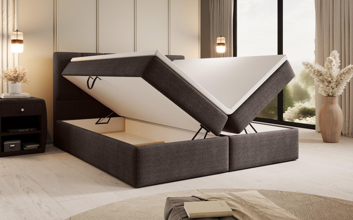 Luxusbetten24 Boxspringbett Aurelia Bouclé 180x200 mit Stauraum | Bezug: Bouclé | Farbe: Braun | Härtegrad: