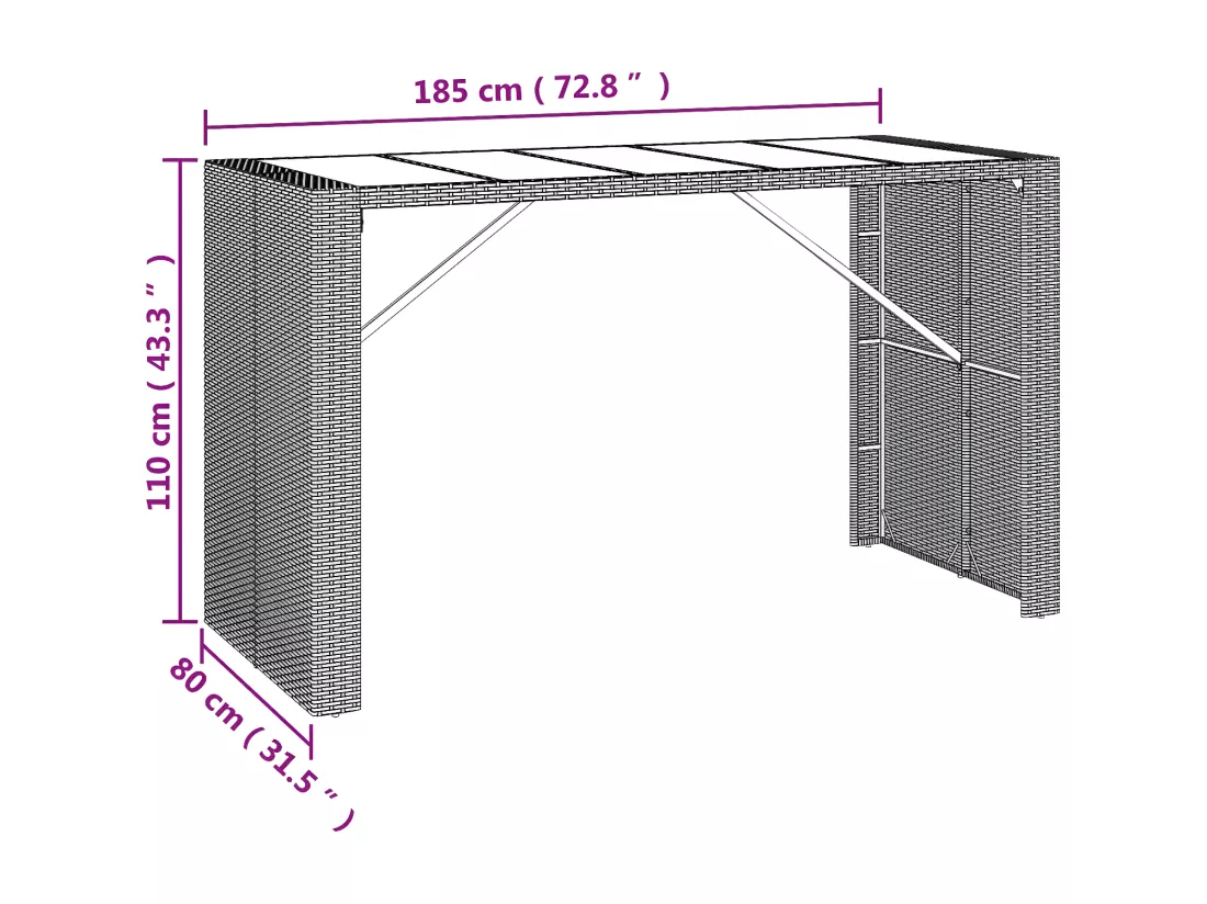 Prolenta Premium - Table de bar et dessus en verre gris 185x80x110 cm poly rotin