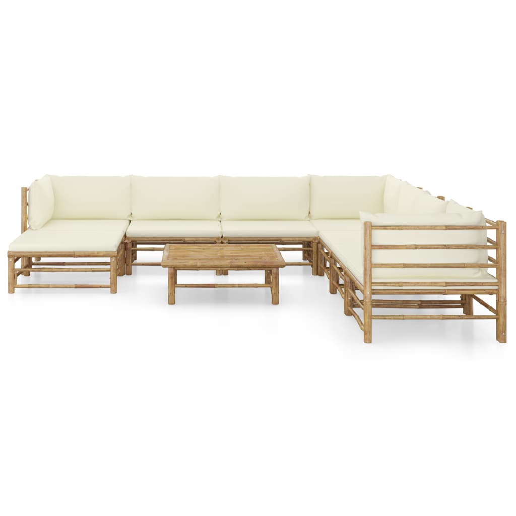 Salon de jardin meuble d'extérieur ensemble de mobilier 9 pièces avec coussins blanc crème bambou