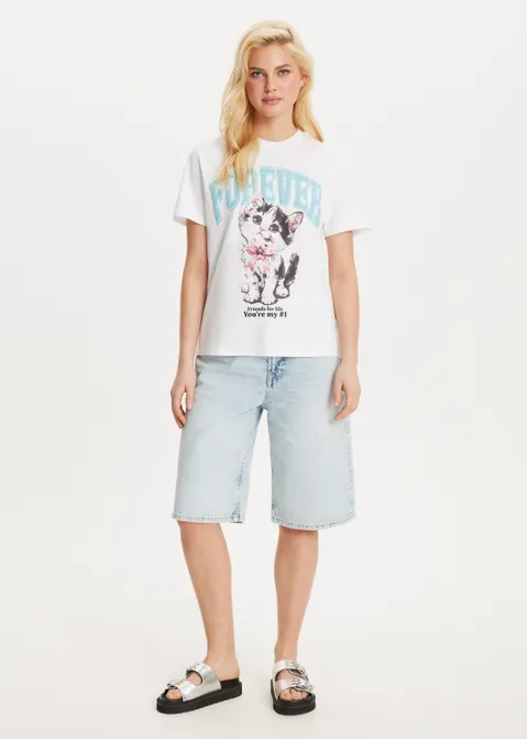 T-shirt met print kat wit (WIT)