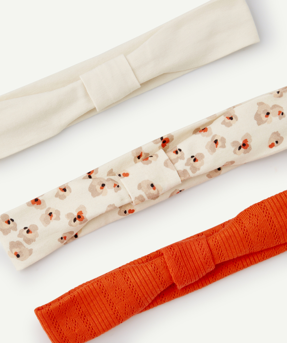 LOT DE 3 BANDEAUX BÉBÉ FILLE EN COTON AVEC NOEUDS IMPRIMÉS UNIS OU AJOURÉS