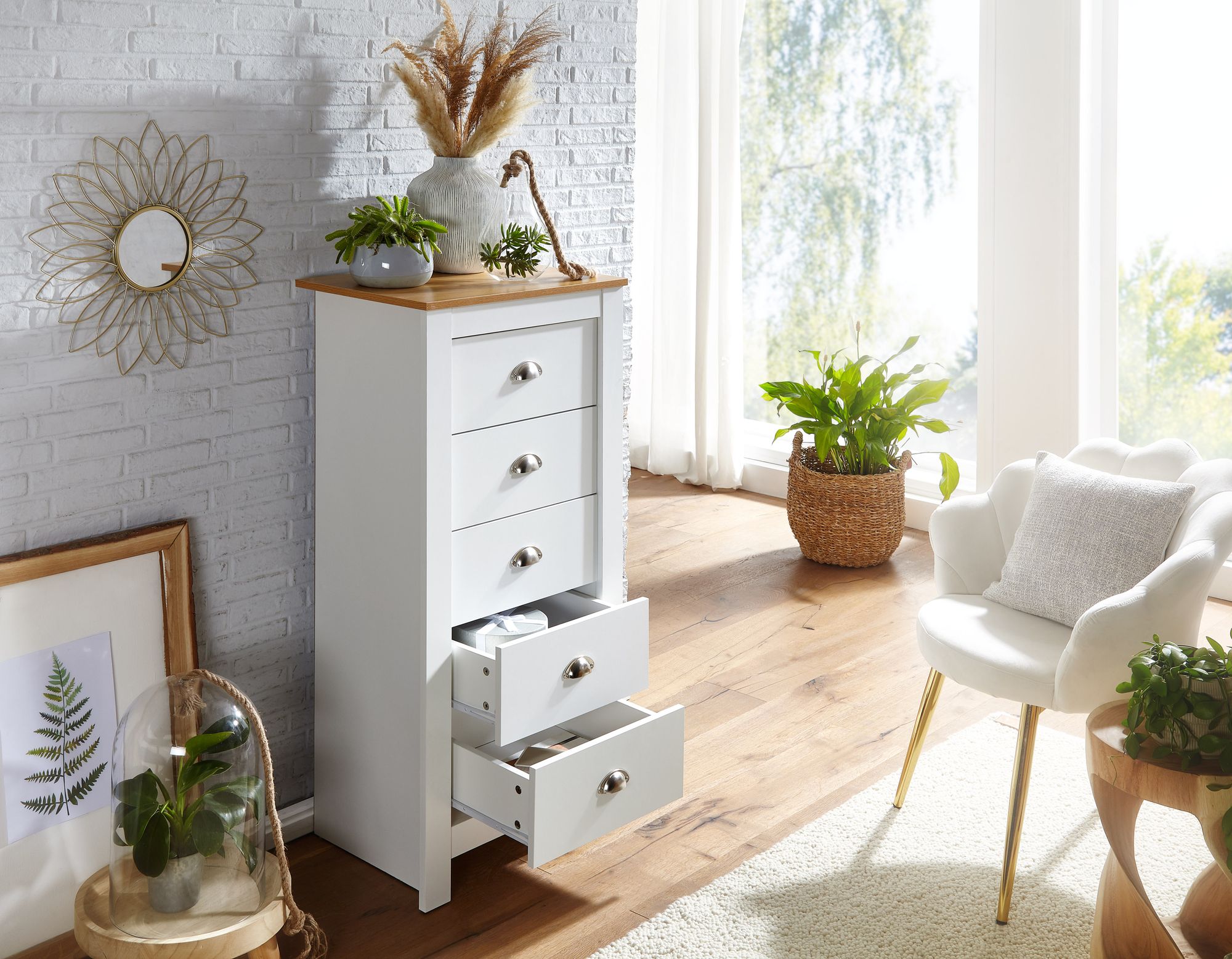 Sideboard FineBuy Kommode Weiß / Eiche 53x114x39 cm Anrichte Schubladenkommode