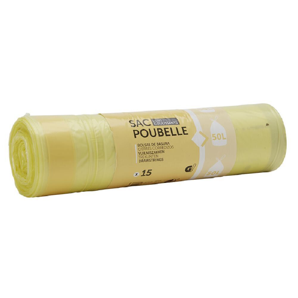 Sac poubelle 50 litres à lien coulissant jaune transparent x15