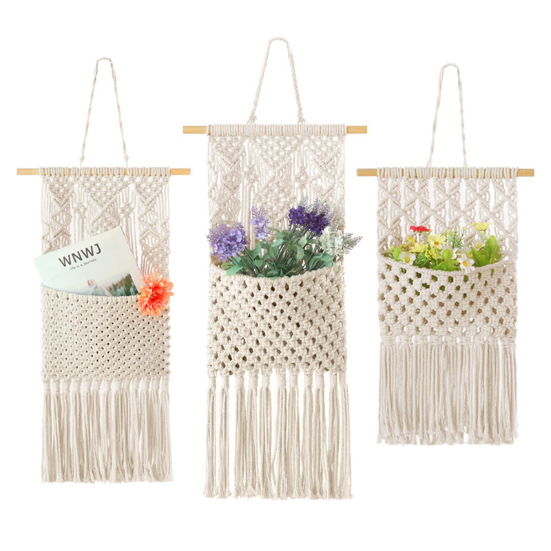 (97x40cm) Makramee Wand Deko Boho Wandteppich Geknüpftes Hygge Lifestyle Accessoire mit Organizer Tasche - Beige