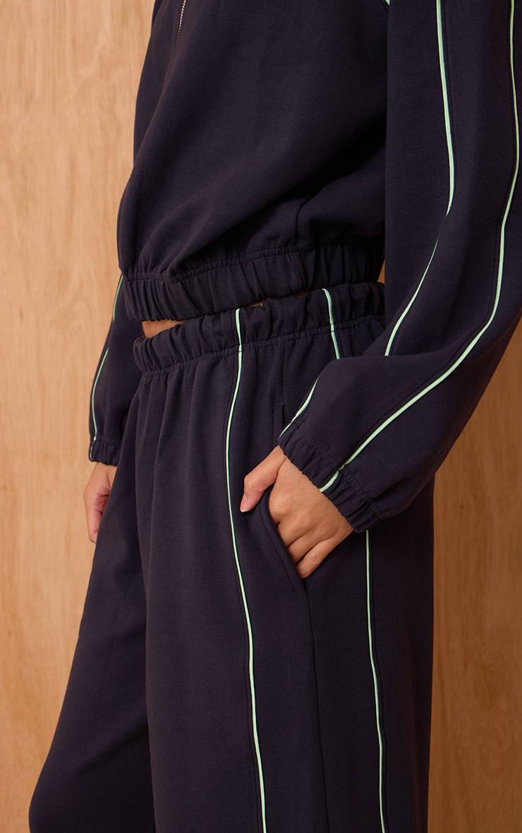 Bleu Marine Jogging Interlock À Jambes Larges Avec Passepoil Contrasté