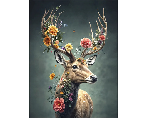 Canvas schilderij Hert met bloemen III 57x77 cm