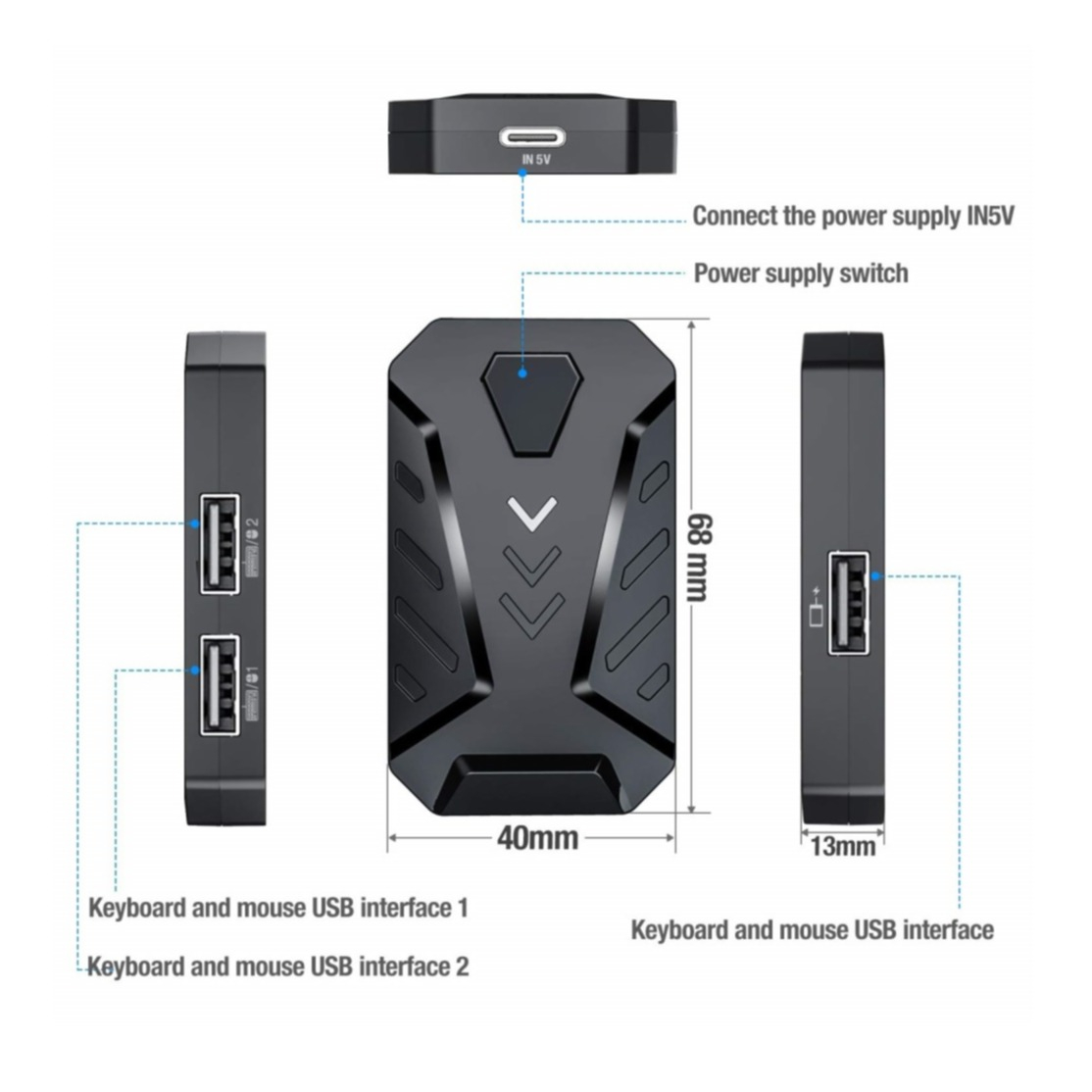 Bluetooth Tastatur und Maus Adapter Konverter mit 3x USB A für Smartphone und Tablet (iOS / Android) - Schwarz