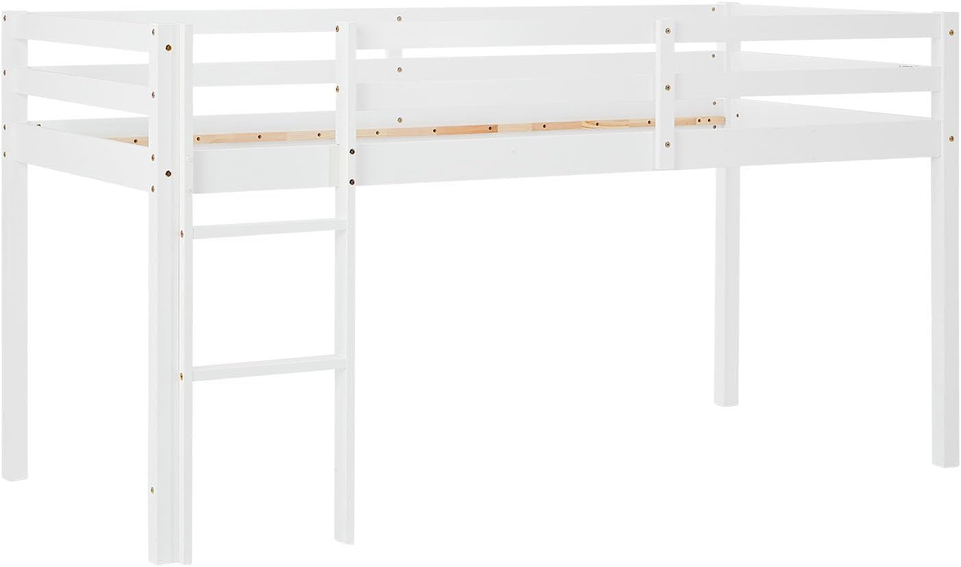 Homestyle4u Kinderbett 90x200 Weiß Hochbett Kinder mit Treppe Vorhang Pirat Schwarz Etagenbett Bettgestell Holz Kiefer | Artikel 1534