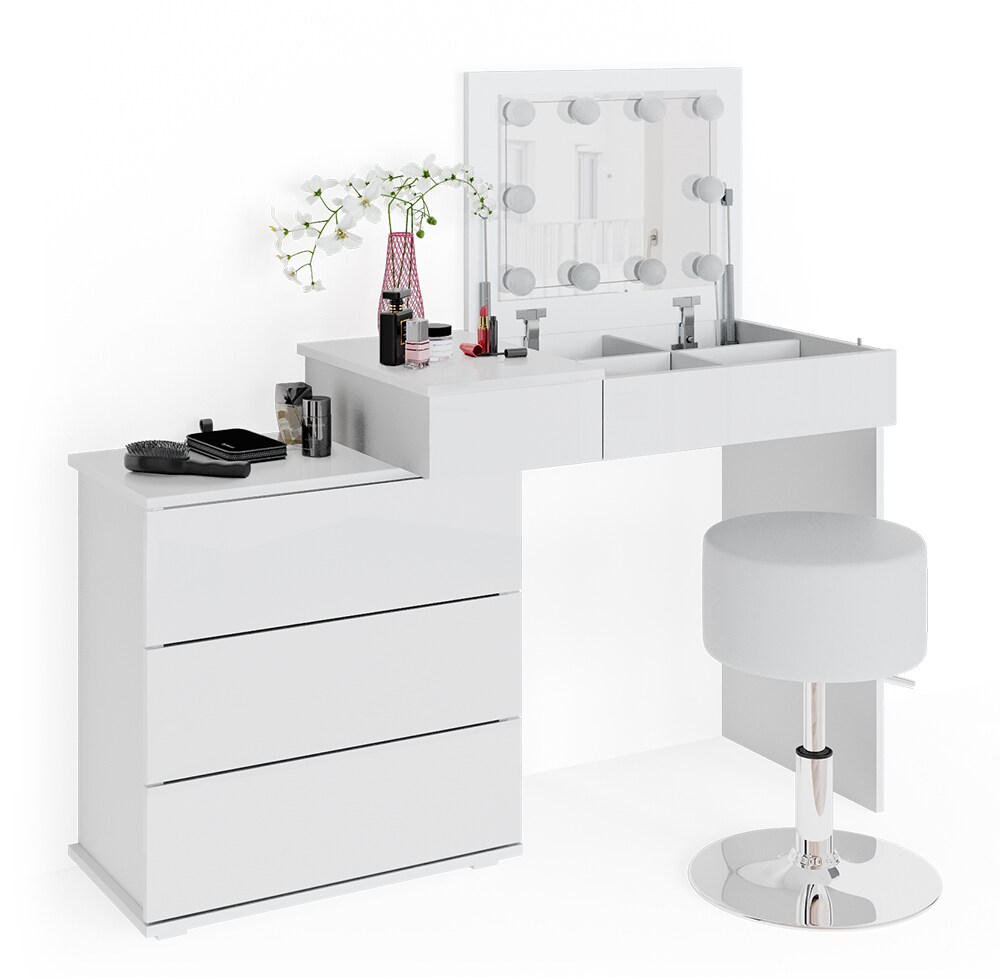 Vicco Schminktisch Frisiertisch Frisierkommode Lotos Weiß LED Spiegel Hocker