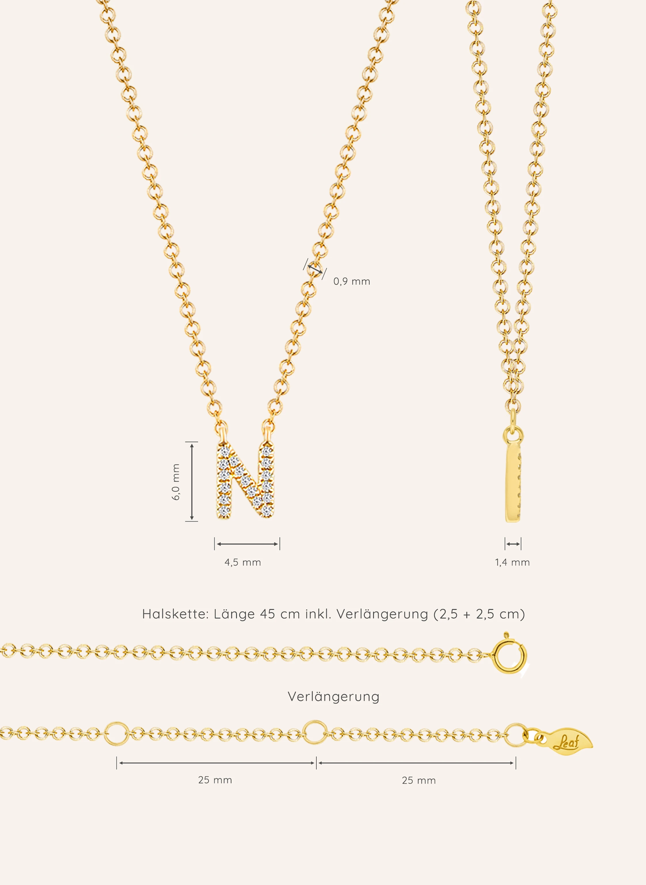 Leaf INITIALIEN Halskette „N“ aus 14 Karat Gelbgold mit Diamanten