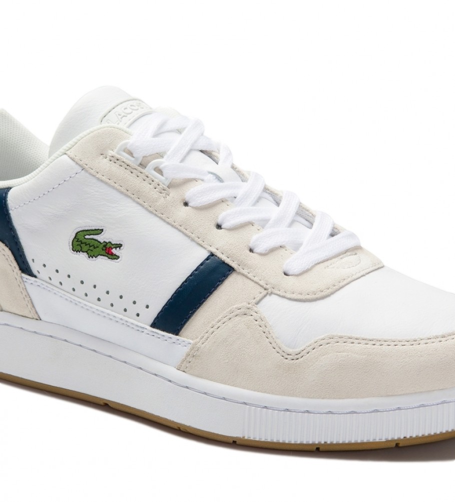 Tênis Lacoste T-Clip de couro, branco e bege.