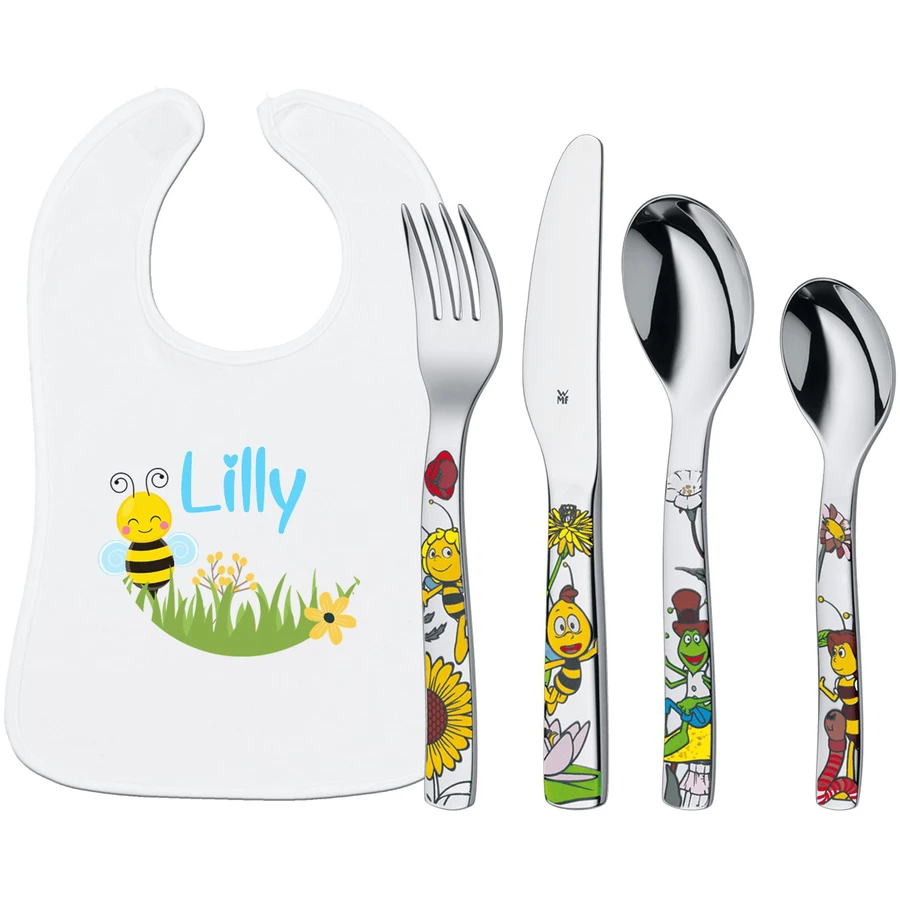 Schnullireich Geschenkset mit Namen WMF Kinderbesteck Biene Maja + Lätzchen Kleine Biene Silber
