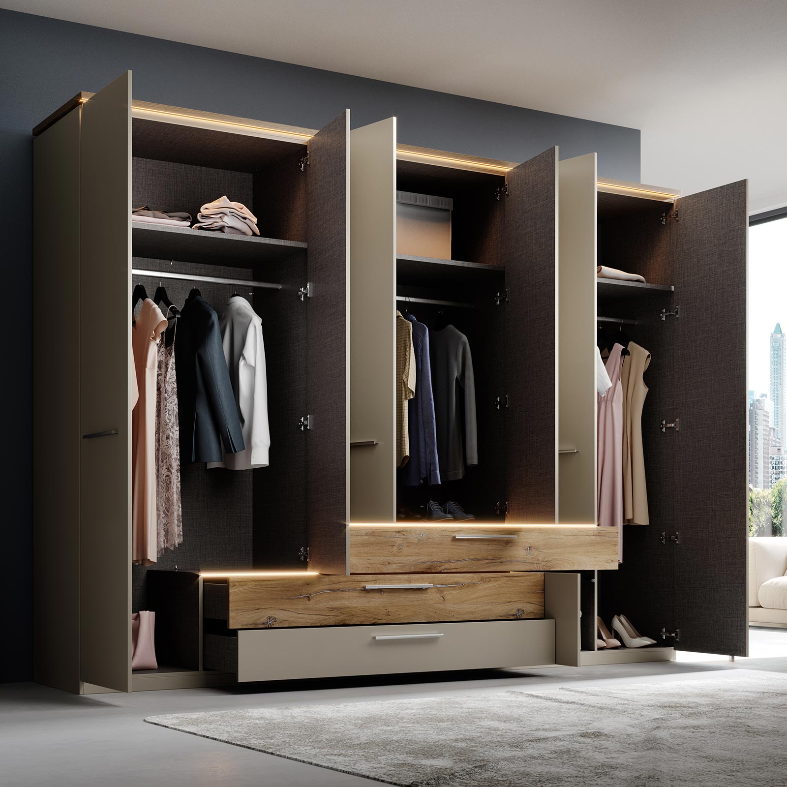 Drehtürenschrank - champagner - Flagstaff Oak hell - mit Beleuchtung - 301 cm