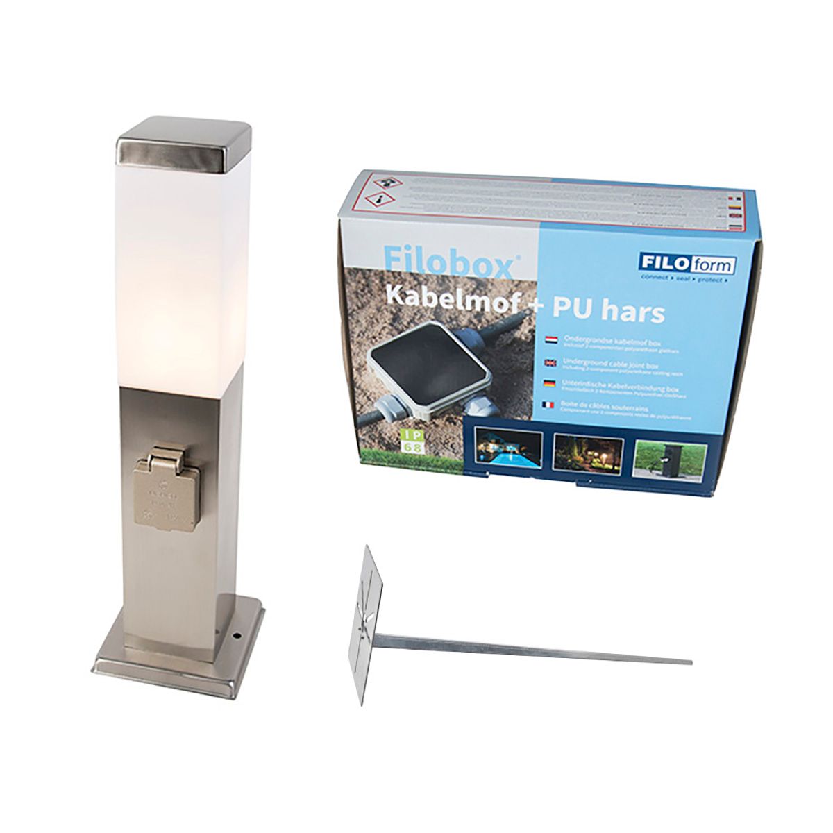 Buitenlamp staal incl stopcontact IP44- Malios met grondpin en kabelmof