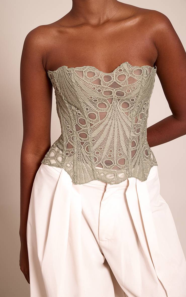 Vert Sauge Corset En Dentelle Florale Transparente Texturée