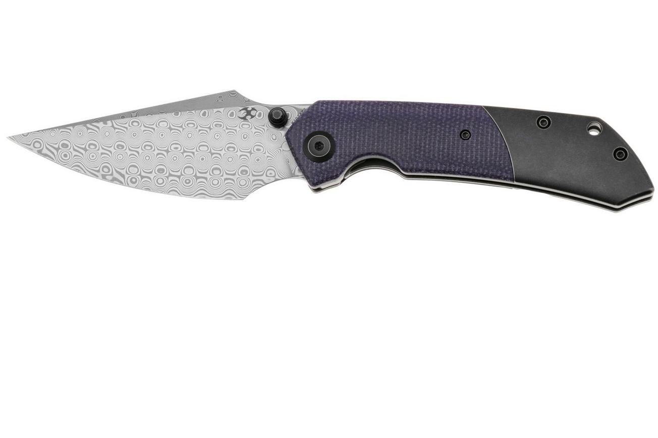 Kansept Fenrir K1034Z2 Damascus, Blackwashed Titanium, Purple Micarta, zakmes, Greg Schob design