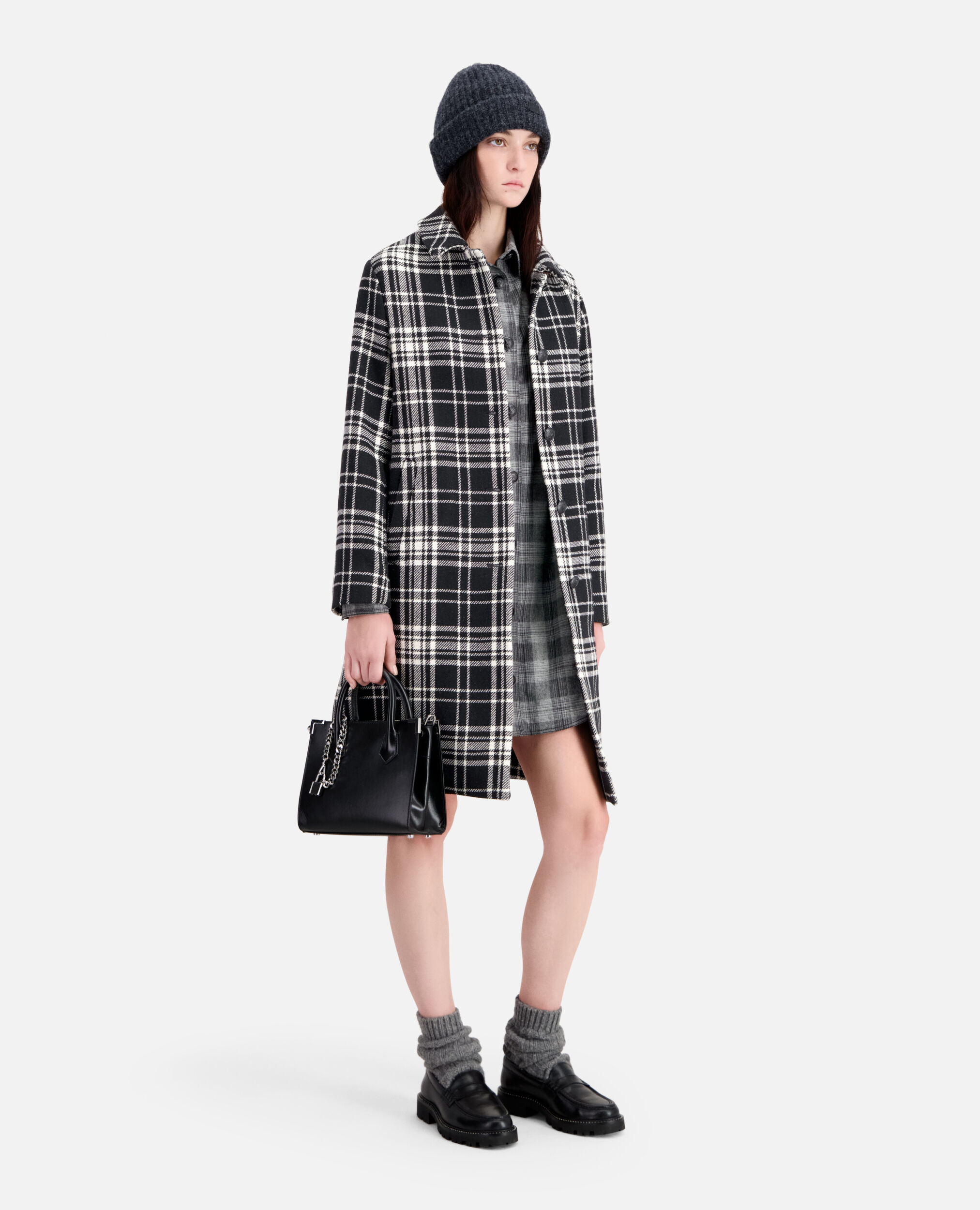 Long checkered coat in wool blend