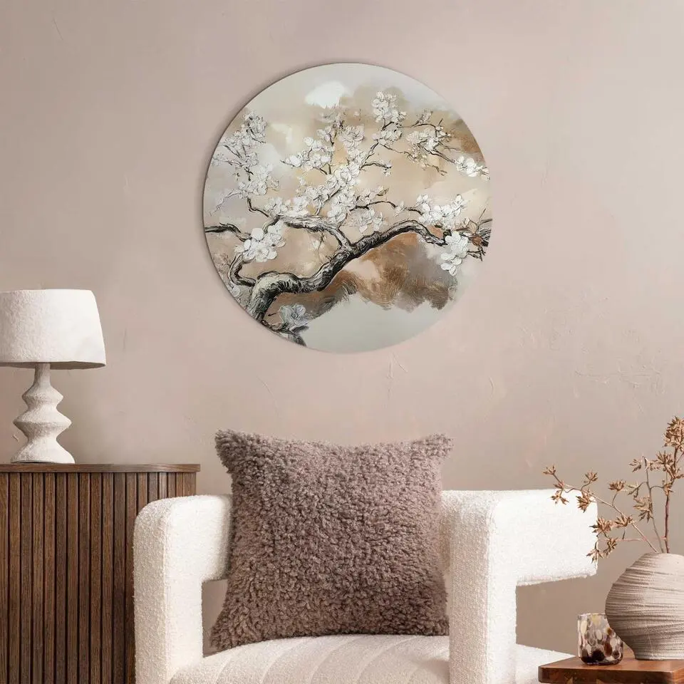 Glasschilderij Boom in bloei - Ø 50cm - Beige
