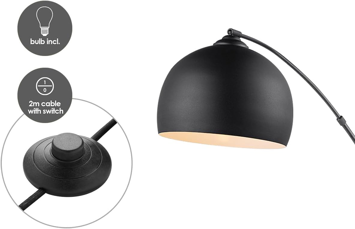 Home Sweet Home Bogenlampe Stehlampe Schwarz Metall 172cm, Stehleuchte Wohnzimmer Industrial Design, E27 Bogenleuchte mit Fußschalter & LED