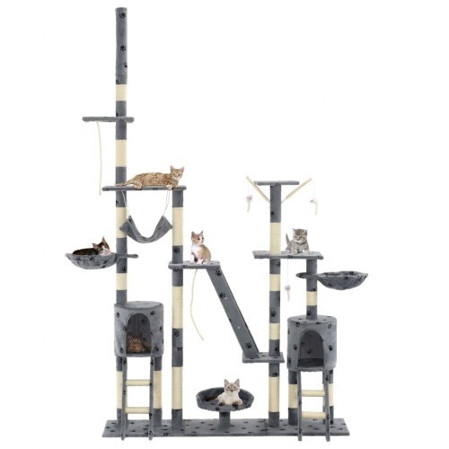 Arranhador para gatos com formato de pernas, cinza, com pegadas de patas.