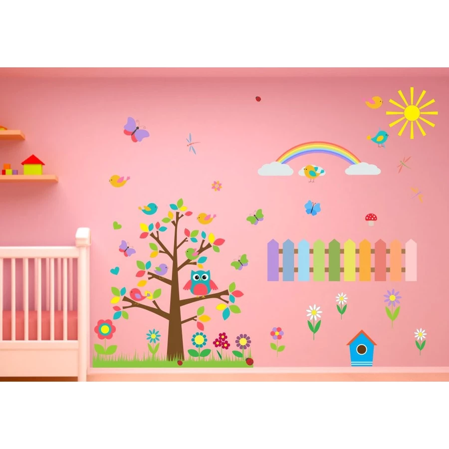 Nikima Wandtattoo 021 Wandtattoo Baum mit Eule bunte Blumen und Zaun bunt