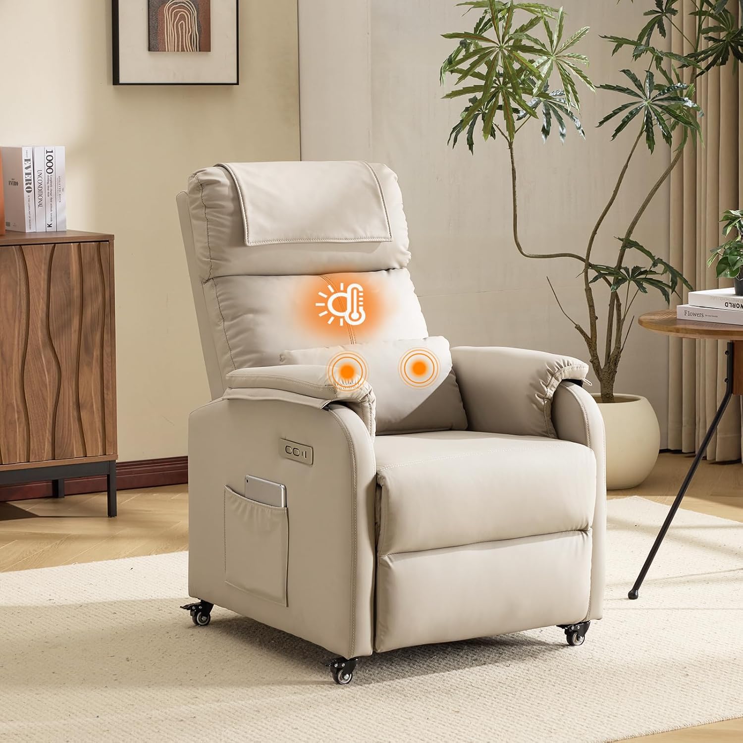 Bonnlo Relaxsessel, Fernsehsessel, Elektrisch Massagesessel mit Liegefunktion, TV Sessel, 2-Punkt-Massage & Wärmefunktion, USB-C & USB-A Anschlüsse, 1 Seitentasche, Kratzfestes Leder, Beige