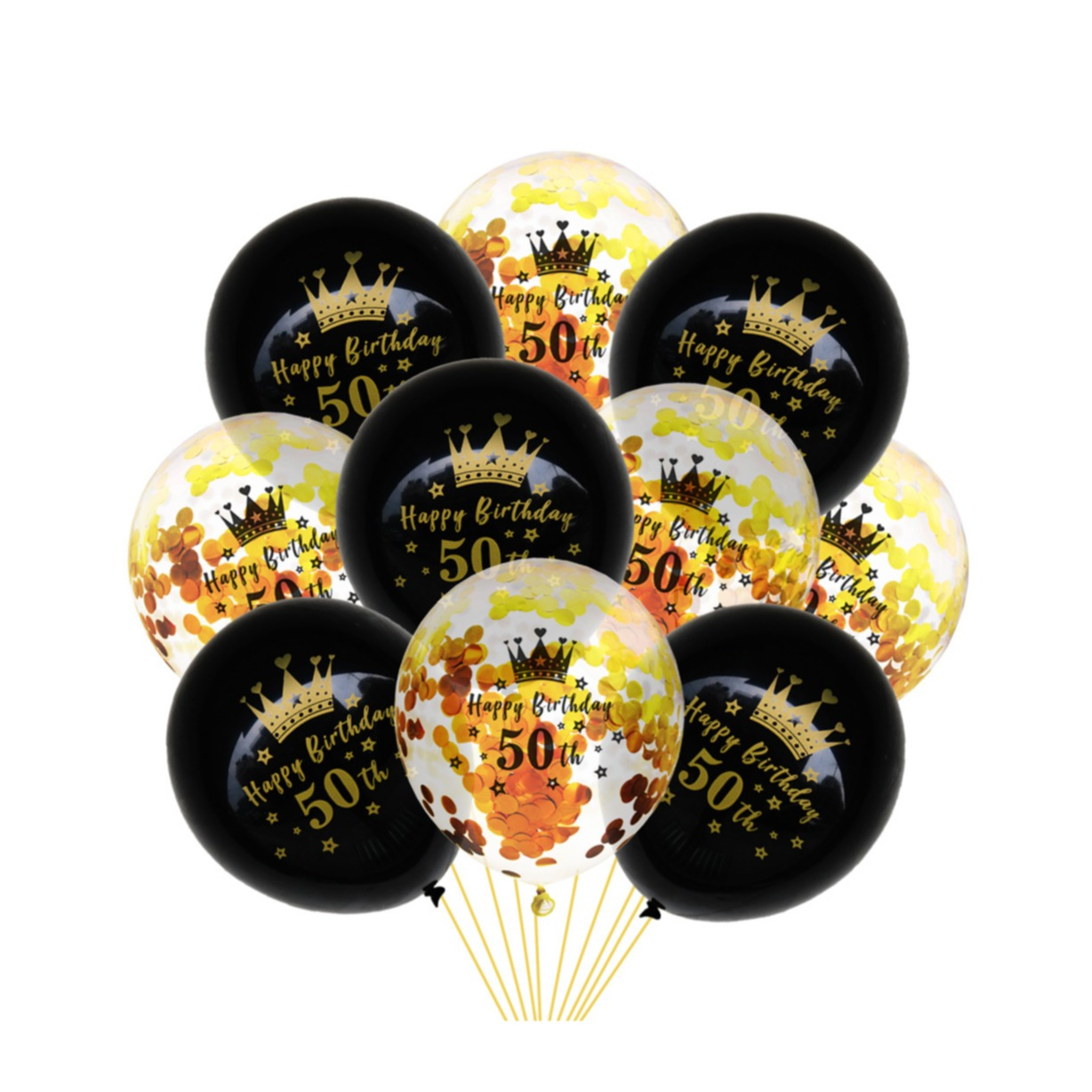 (10er Set) Ø30cm Geburtstags Party Deko Ballons Latex Luftballons 50 Happy Birthday mit Krone   Konfetti - Schwarz / Transparent