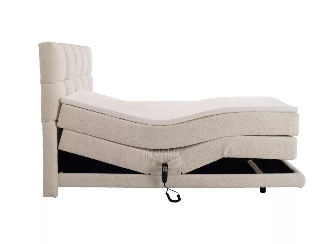 Ensemble complet boxspring tête de lit + sommiers relaxation électrique + matelas + surmatelas - 2 x 80 x 200 cm - Tissu bouclette - Beige - OMILA de PALACIO