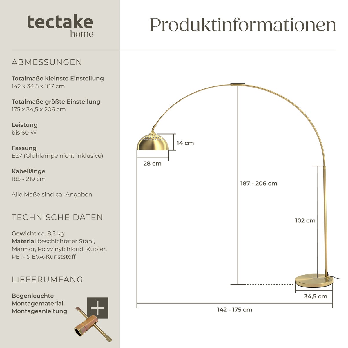 tectake Arcus booglamp, jaren 70 retrostijl, hoogte verstelbaar 187 - 206 cm