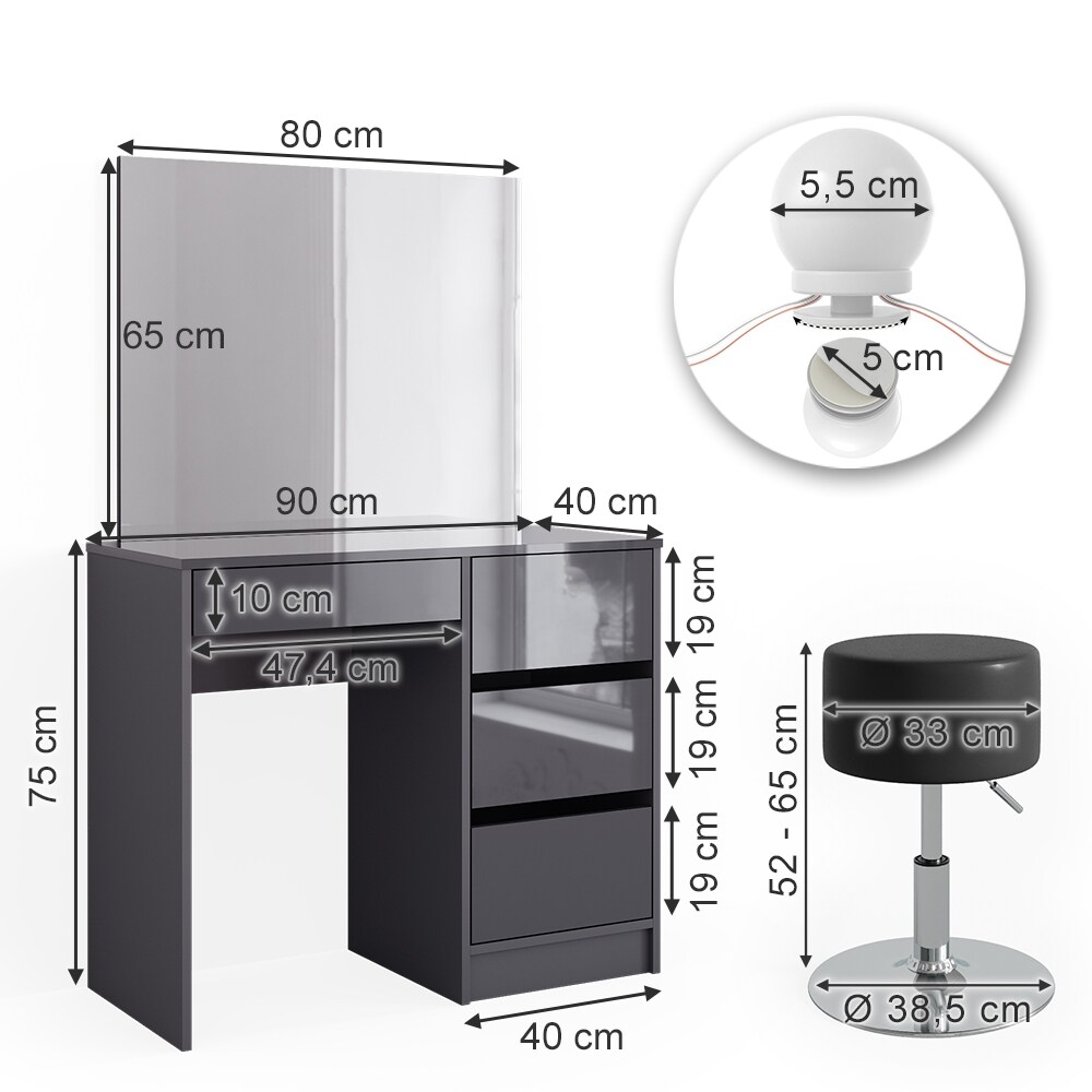 Vicco Schminktisch Sherry Anthrazit Hochglanz, 90 x 75 cm, Spiegel, LED & Hocker