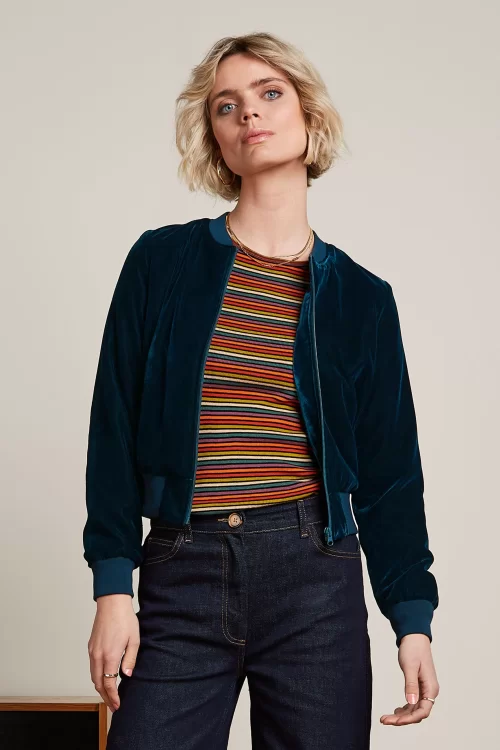 King Louie Bessie Gamine Velvet Bomber jasje in vijverblauw