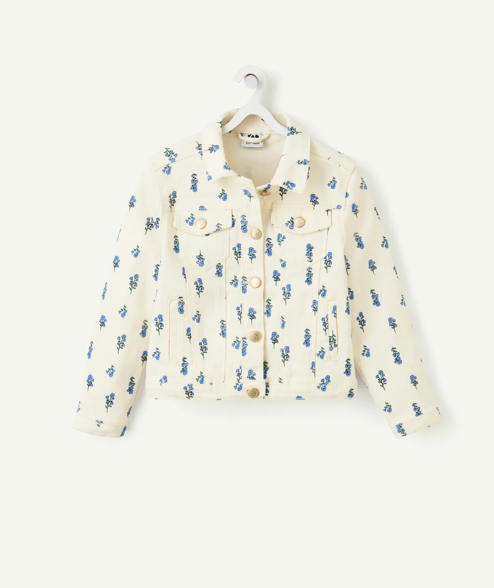 veste fille en fibres recyclées écrue et imprimée fleurie vert et bleu