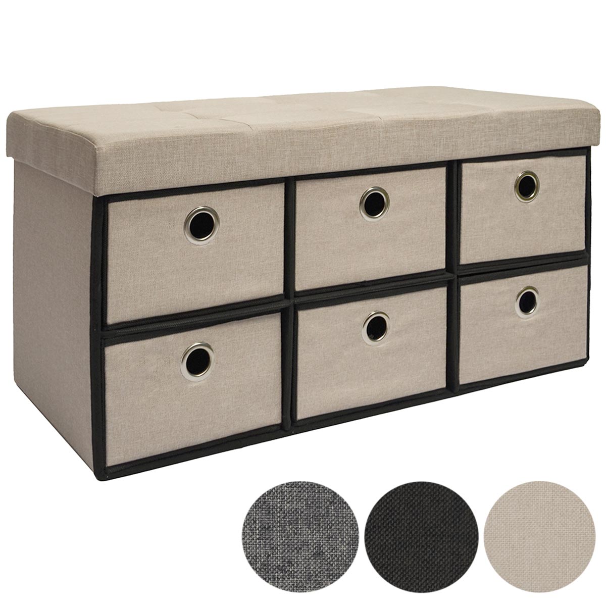 Faltbare Sitzbank 76x38x38cm mit 6 Schubladen Sitztruhe 80L Polsterbank Ottomane Leinen Beige Grau