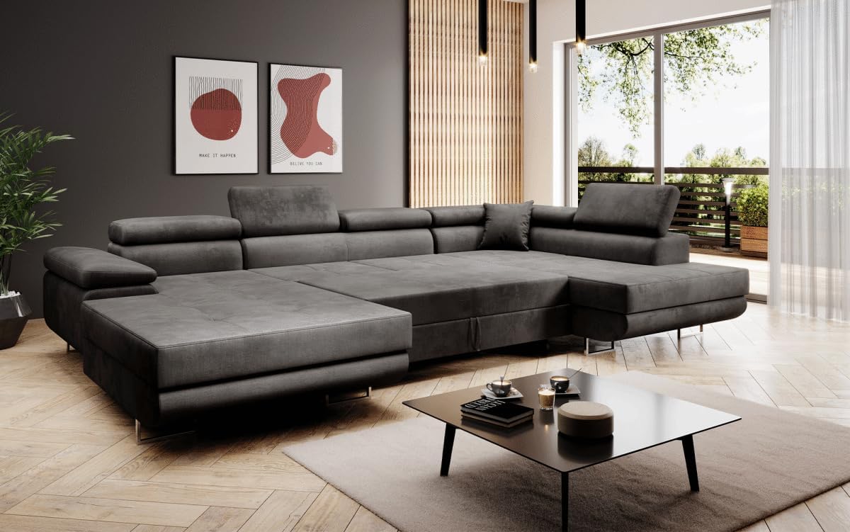 Luxusbetten24 Designer Sofa Lago mit Stauraum und Schlaffunktion | Bezug: Samt | Farbe: Anthrazit | Stellvariante: Rechts