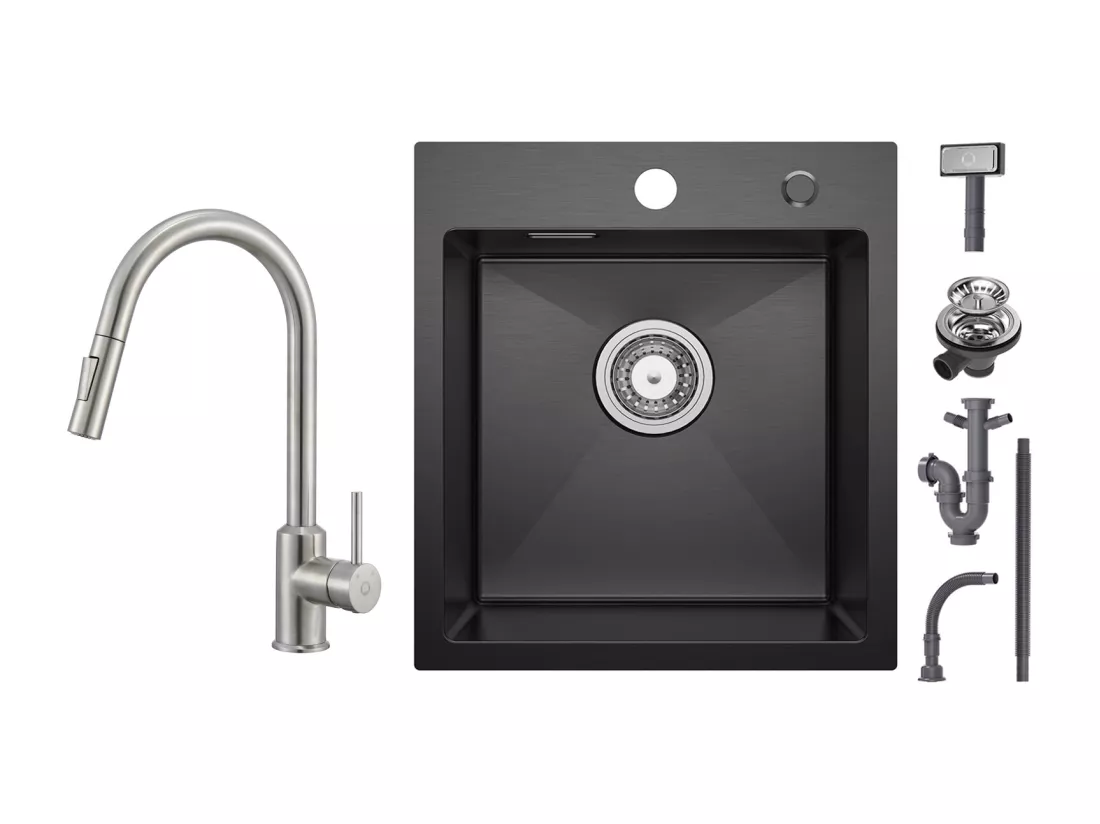 Cecipa max Evier Cuisine 1 Bac Noir 40*45*19CM - Évier Inox 1 Cuve + Mitigeur Cuisine avec Douchette Extractible Robinet avec 2 Modes de Sortie D'eau