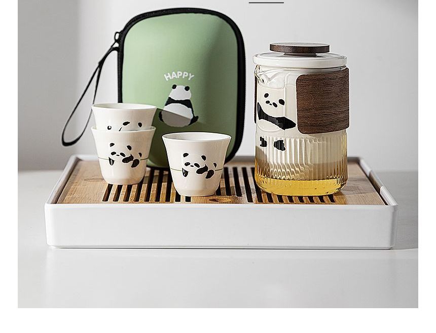 Koringa - Set van 4: Reispanda Glazen Theepot + Keramische Drinkbeker