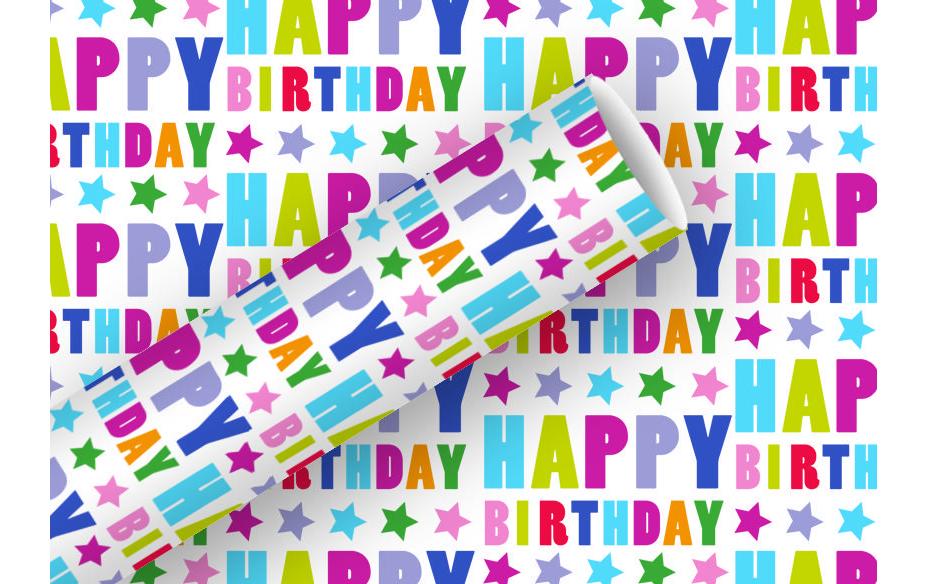 Geschenkpapier Happy Birthday Sterne, 70 cm x 1.5 mPapierrolle zum Einpacken von Geschenken